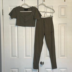 Couture Club Square neck crop top and popper leggings lounge set in Khaki Size S